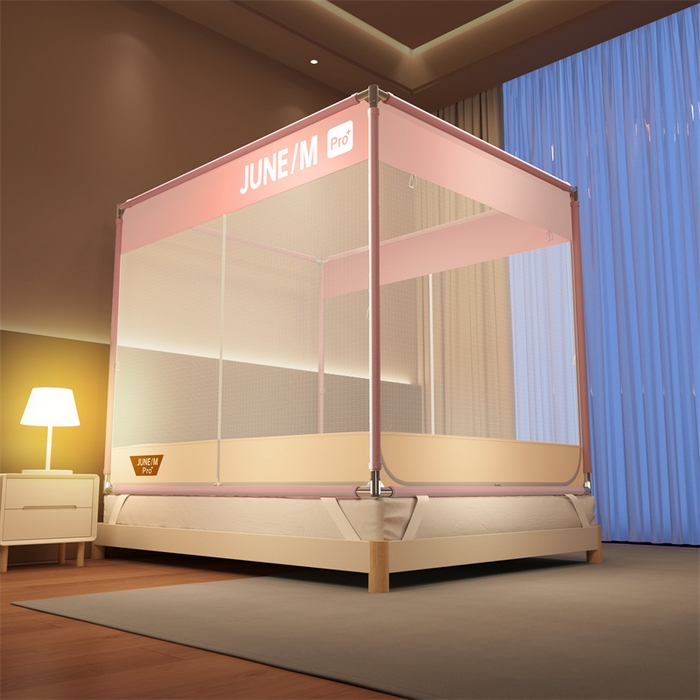 91家纺网 家纺一手货源 找家纺 佳梦家纺 2026春夏新款护栏级防摔坐床蚊帐T门系列 可可粉-拼色全底