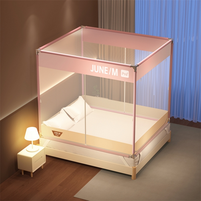 91家纺网 家纺一手货源 找家纺 佳梦家纺 2026春夏新款护栏级防摔坐床蚊帐T门系列 可可粉-拼色全底