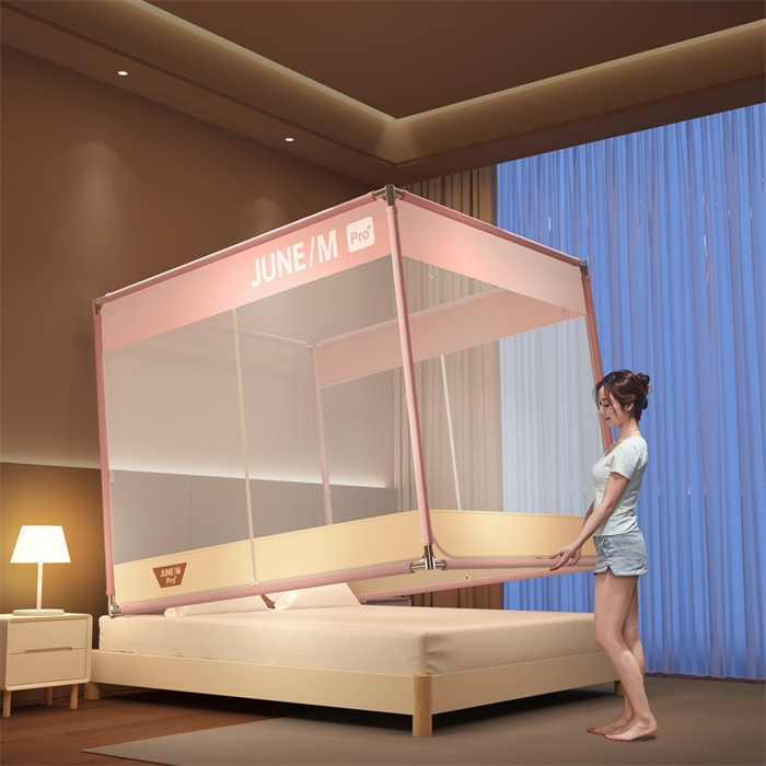 91家纺网 家纺一手货源 找家纺 佳梦家纺 2026春夏新款护栏级防摔坐床蚊帐T门系列 可可粉-拼色全底