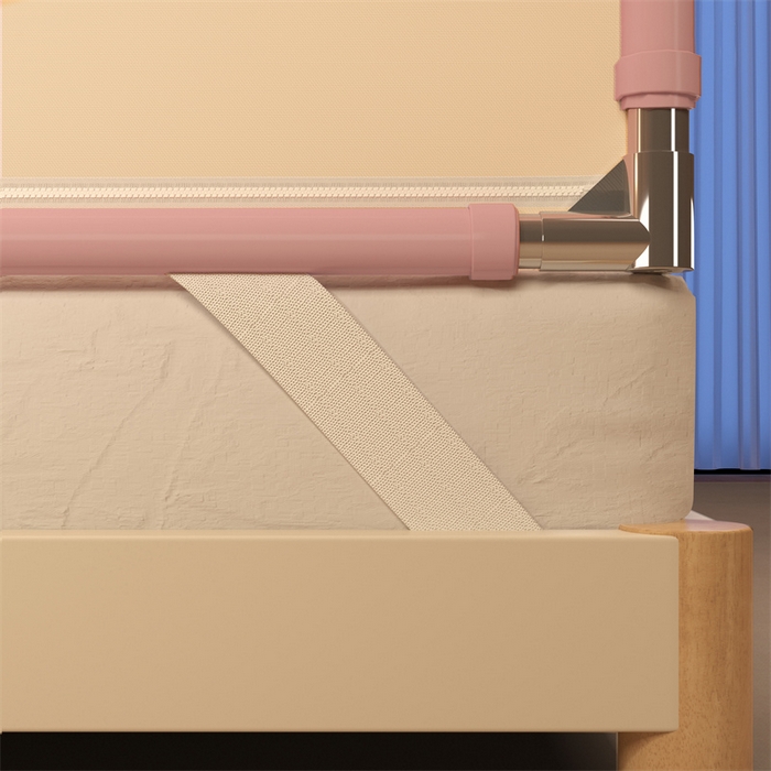 91家纺网 家纺一手货源 找家纺 佳梦家纺 2026春夏新款护栏级防摔坐床蚊帐T门系列 可可粉-拼色全底