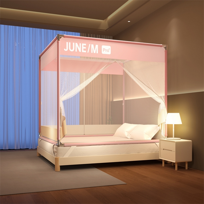 91家纺网 家纺一手货源 找家纺 佳梦家纺 2026春夏新款护栏级防摔坐床蚊帐T门系列 可可粉-拼色全底