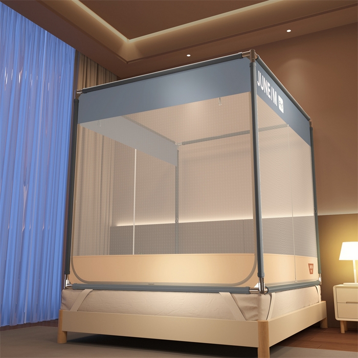 91家纺网 家纺一手货源 找家纺 佳梦家纺 2026春夏新款护栏级防摔坐床蚊帐T门系列 可可灰-拼色全底