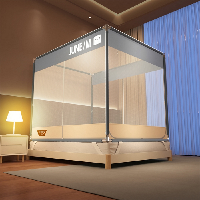 91家纺网 家纺一手货源 找家纺 佳梦家纺 2026春夏新款护栏级防摔坐床蚊帐T门系列 可可灰-拼色全底