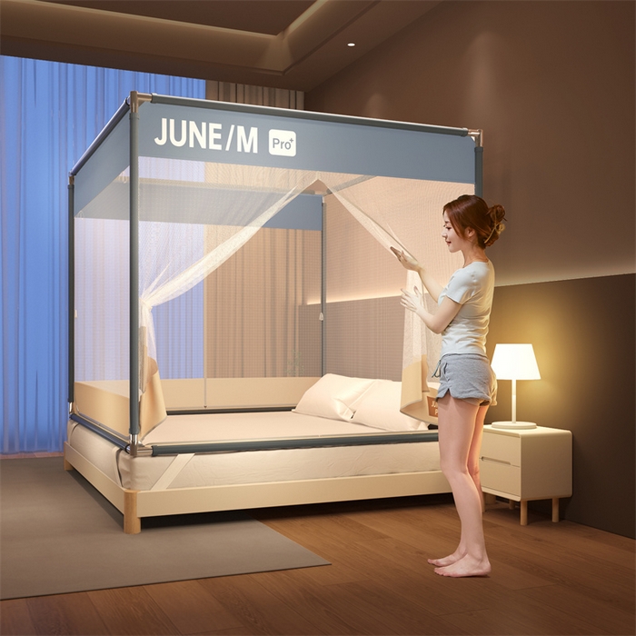 91家纺网 家纺一手货源 找家纺 佳梦家纺 2026春夏新款护栏级防摔坐床蚊帐T门系列 可可灰-拼色全底