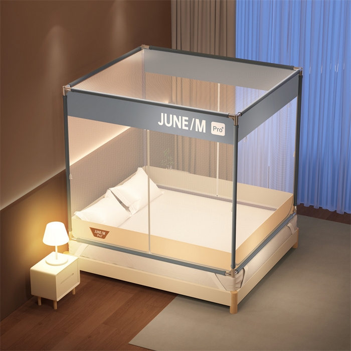 91家纺网 家纺一手货源 找家纺 佳梦家纺 2026春夏新款护栏级防摔坐床蚊帐T门系列 可可灰-拼色全底