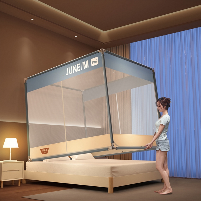 91家纺网 家纺一手货源 找家纺 佳梦家纺 2026春夏新款护栏级防摔坐床蚊帐T门系列 可可灰-拼色全底