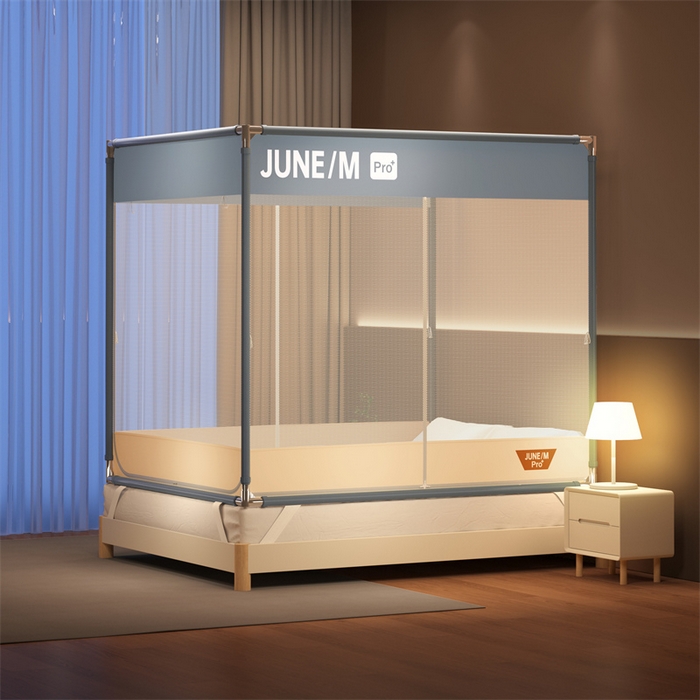 91家纺网 家纺一手货源 找家纺 佳梦家纺 2026春夏新款护栏级防摔坐床蚊帐T门系列 可可灰-拼色全底