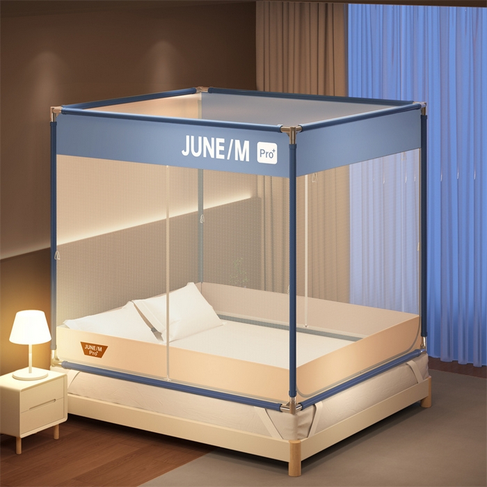 佳梦家纺 2026春夏新款护栏级防摔坐床蚊帐T门系列 可可蓝-拼色全底