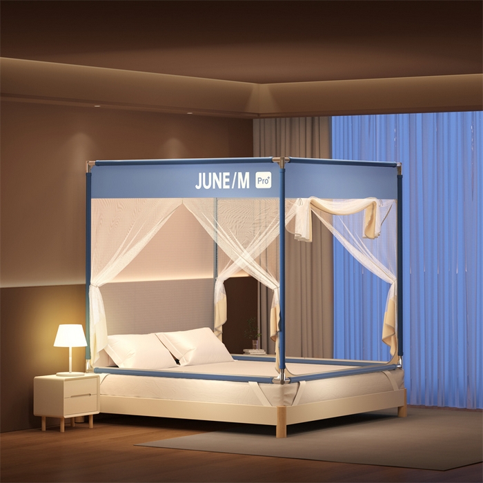 91家纺网 家纺一手货源 找家纺 佳梦家纺 2026春夏新款护栏级防摔坐床蚊帐T门系列 可可蓝-拼色全底