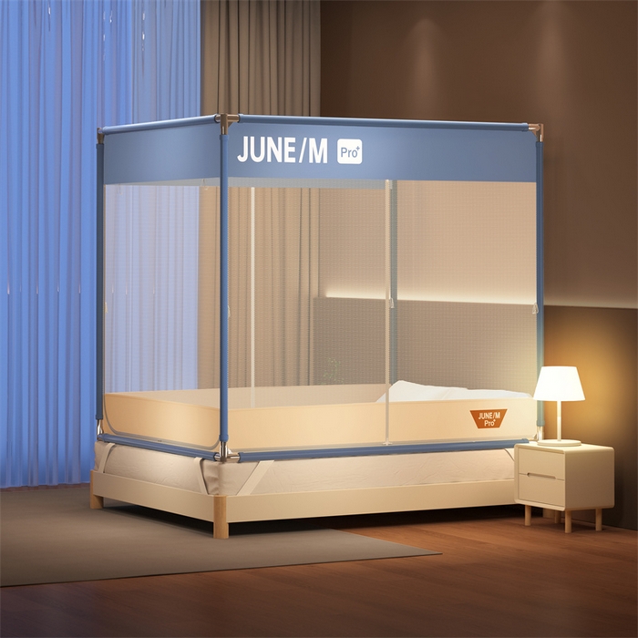 91家纺网 家纺一手货源 找家纺 佳梦家纺 2026春夏新款护栏级防摔坐床蚊帐T门系列 可可蓝-拼色全底