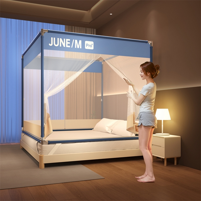 91家纺网 家纺一手货源 找家纺 佳梦家纺 2026春夏新款护栏级防摔坐床蚊帐T门系列 可可蓝-拼色全底