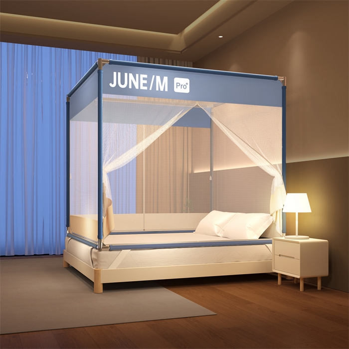 91家纺网 家纺一手货源 找家纺 佳梦家纺 2026春夏新款护栏级防摔坐床蚊帐T门系列 可可蓝-拼色全底