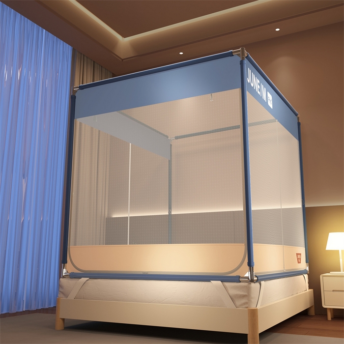 91家纺网 家纺一手货源 找家纺 佳梦家纺 2026春夏新款护栏级防摔坐床蚊帐T门系列 可可蓝-拼色全底