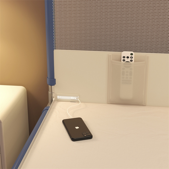 91家纺网 家纺一手货源 找家纺 佳梦家纺 2026春夏新款护栏级防摔坐床蚊帐T门系列 可可蓝-拼色全底