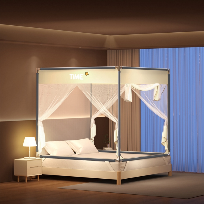 91家纺网 家纺一手货源 找家纺 佳梦家纺 2026春夏新款护栏级防摔坐床蚊帐T门系列 西西里奶油黄-烫画全底