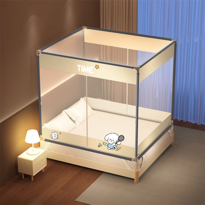 91家纺网 家纺一手货源 找家纺 佳梦家纺 2026春夏新款护栏级防摔坐床蚊帐T门系列 西西里奶油黄-烫画全底