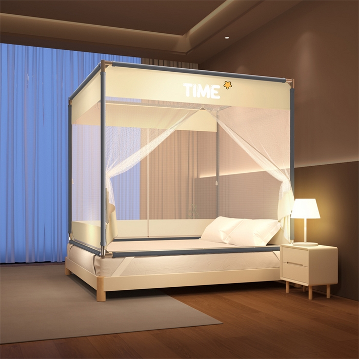 91家纺网 家纺一手货源 找家纺 佳梦家纺 2026春夏新款护栏级防摔坐床蚊帐T门系列 西西里奶油黄-烫画全底