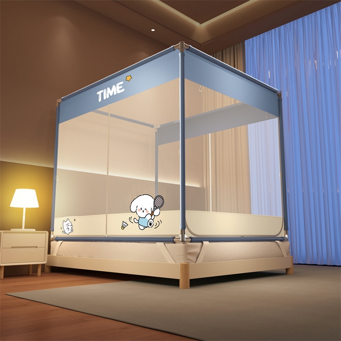 91家纺网 家纺一手货源 找家纺 佳梦家纺 2026春夏新款护栏级防摔坐床蚊帐T门系列 西西里晴空蓝-烫画全底