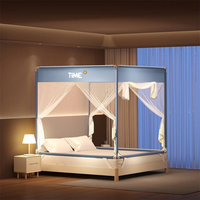 91家纺网 家纺一手货源 找家纺 佳梦家纺 2026春夏新款护栏级防摔坐床蚊帐T门系列 西西里晴空蓝-烫画全底