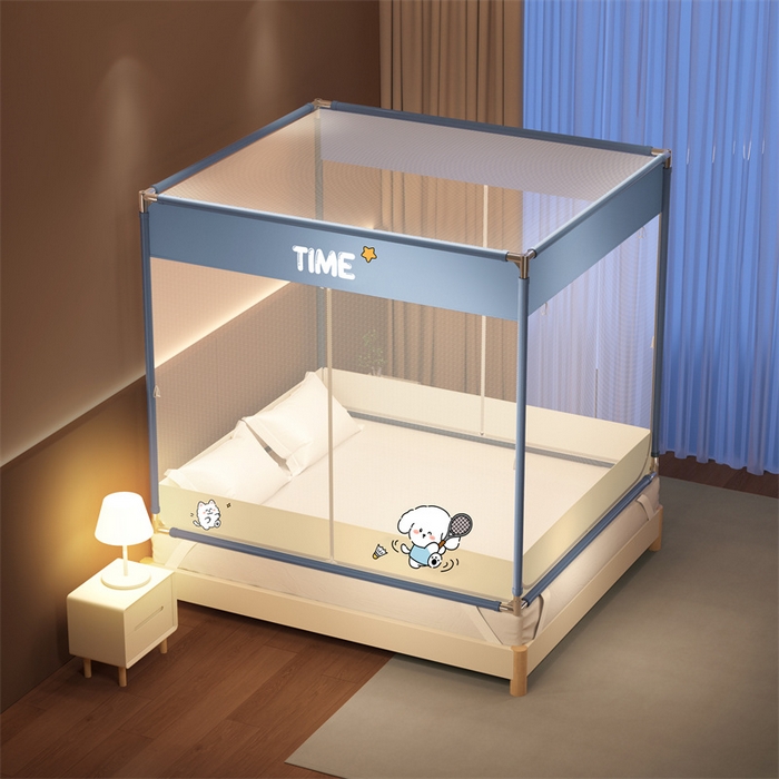 91家纺网 家纺一手货源 找家纺 佳梦家纺 2026春夏新款护栏级防摔坐床蚊帐T门系列 西西里晴空蓝-烫画全底