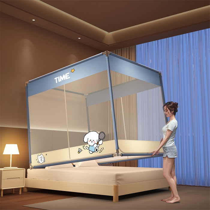 91家纺网 家纺一手货源 找家纺 佳梦家纺 2026春夏新款护栏级防摔坐床蚊帐T门系列 西西里晴空蓝-烫画全底