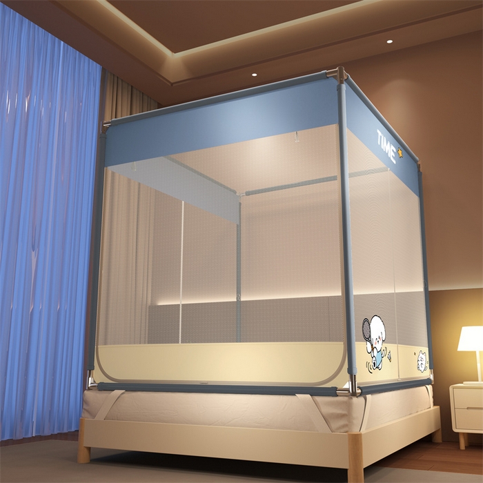 91家纺网 家纺一手货源 找家纺 佳梦家纺 2026春夏新款护栏级防摔坐床蚊帐T门系列 西西里晴空蓝-烫画全底