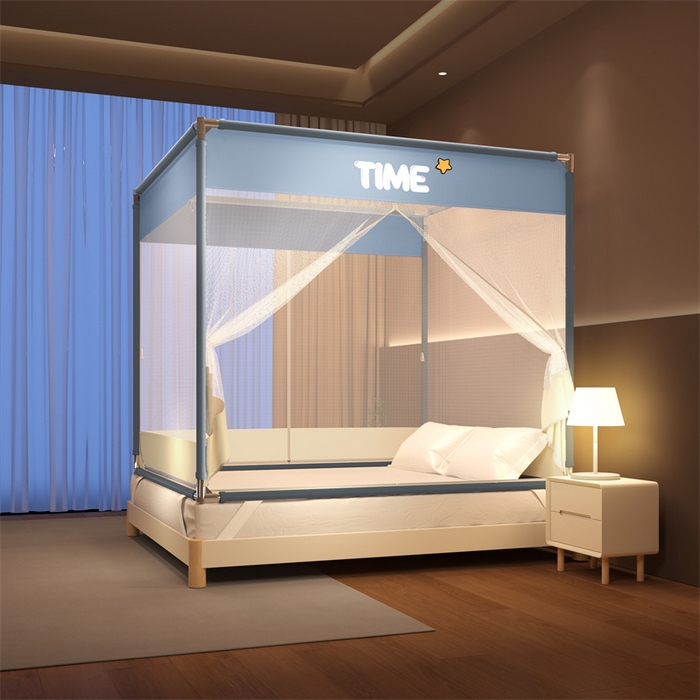 91家纺网 家纺一手货源 找家纺 佳梦家纺 2026春夏新款护栏级防摔坐床蚊帐T门系列 西西里晴空蓝-烫画全底