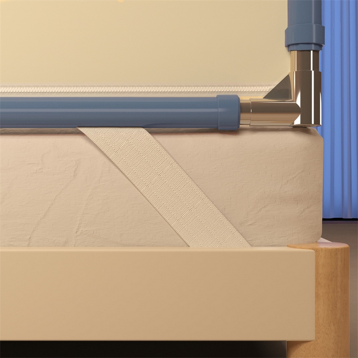 91家纺网 家纺一手货源 找家纺 佳梦家纺 2026春夏新款护栏级防摔坐床蚊帐T门系列 西西里晴空蓝-烫画全底