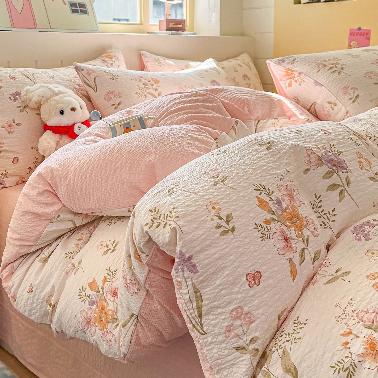 金梦拉家纺 2026新款A类高品质高克重超柔泡芙纱泡泡纱小清新四件套 海棠听风