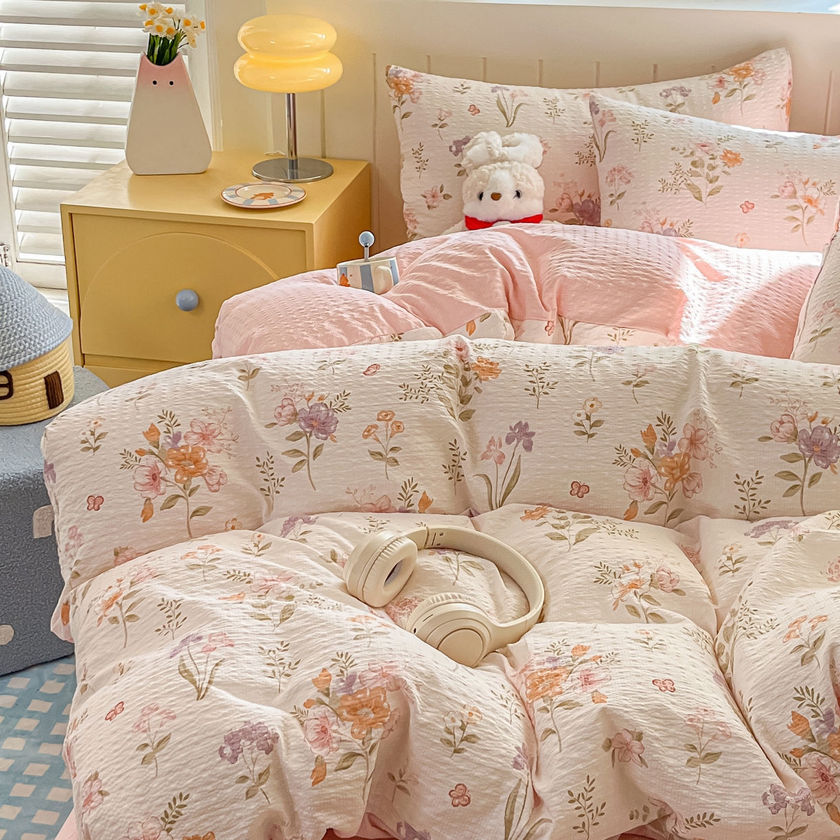 91家纺网 家纺一手货源 找家纺 金梦拉家纺 2026新款A类高品质高克重超柔泡芙纱泡泡纱小清新四件套 海棠听风