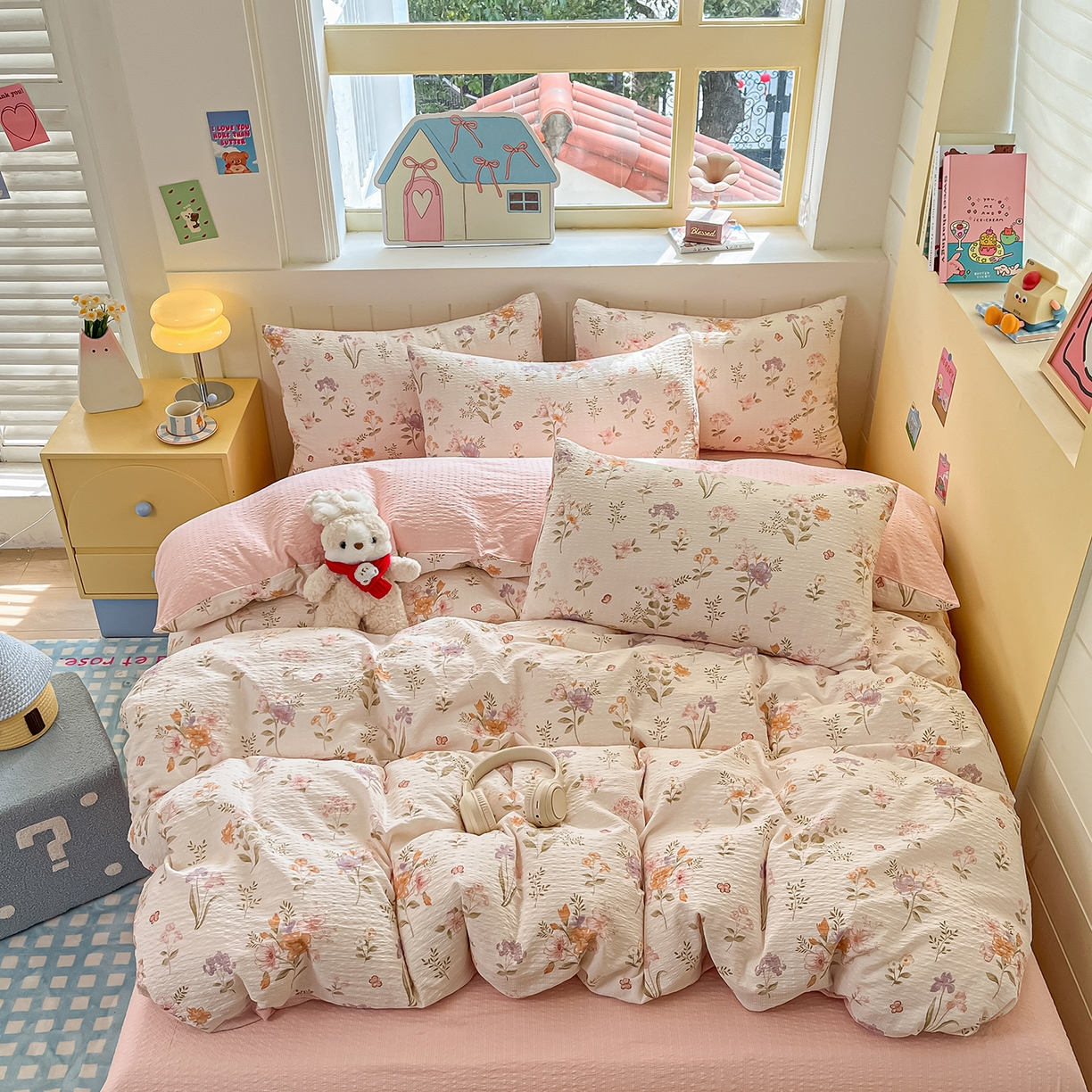 91家纺网 家纺一手货源 找家纺 金梦拉家纺 2026新款A类高品质高克重超柔泡芙纱泡泡纱小清新四件套 海棠听风