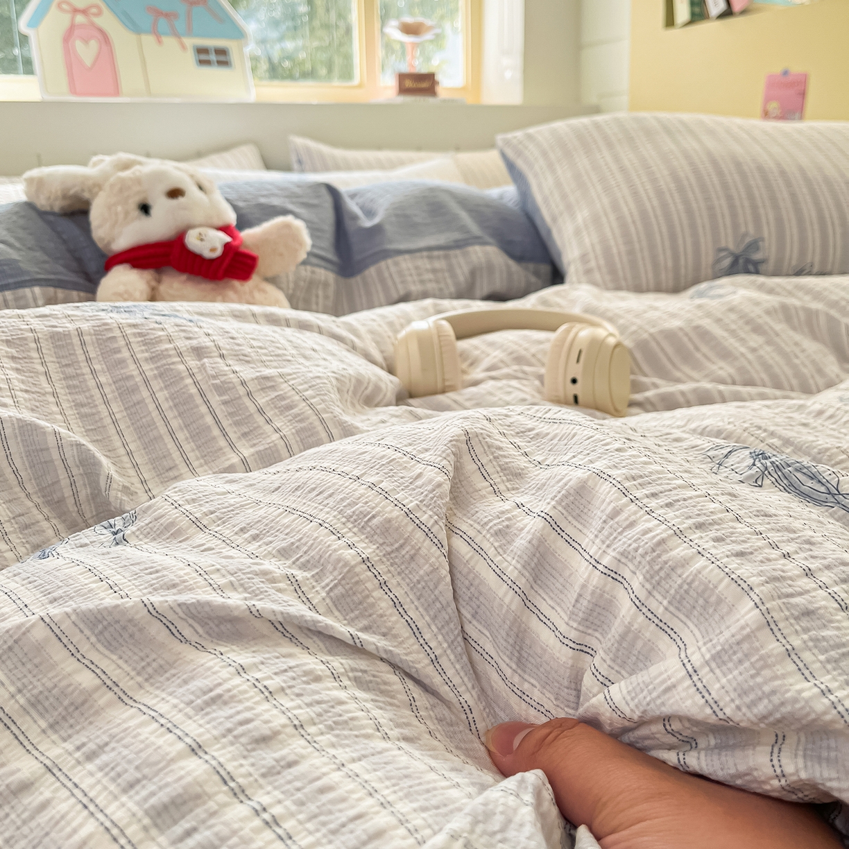 91家纺网 家纺一手货源 找家纺 金梦拉家纺 2026新款A类高品质高克重超柔泡芙纱泡泡纱小清新四件套 蝴蝶结兰