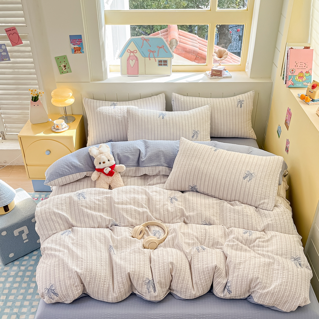 91家纺网 家纺一手货源 找家纺 金梦拉家纺 2026新款A类高品质高克重超柔泡芙纱泡泡纱小清新四件套 蝴蝶结兰