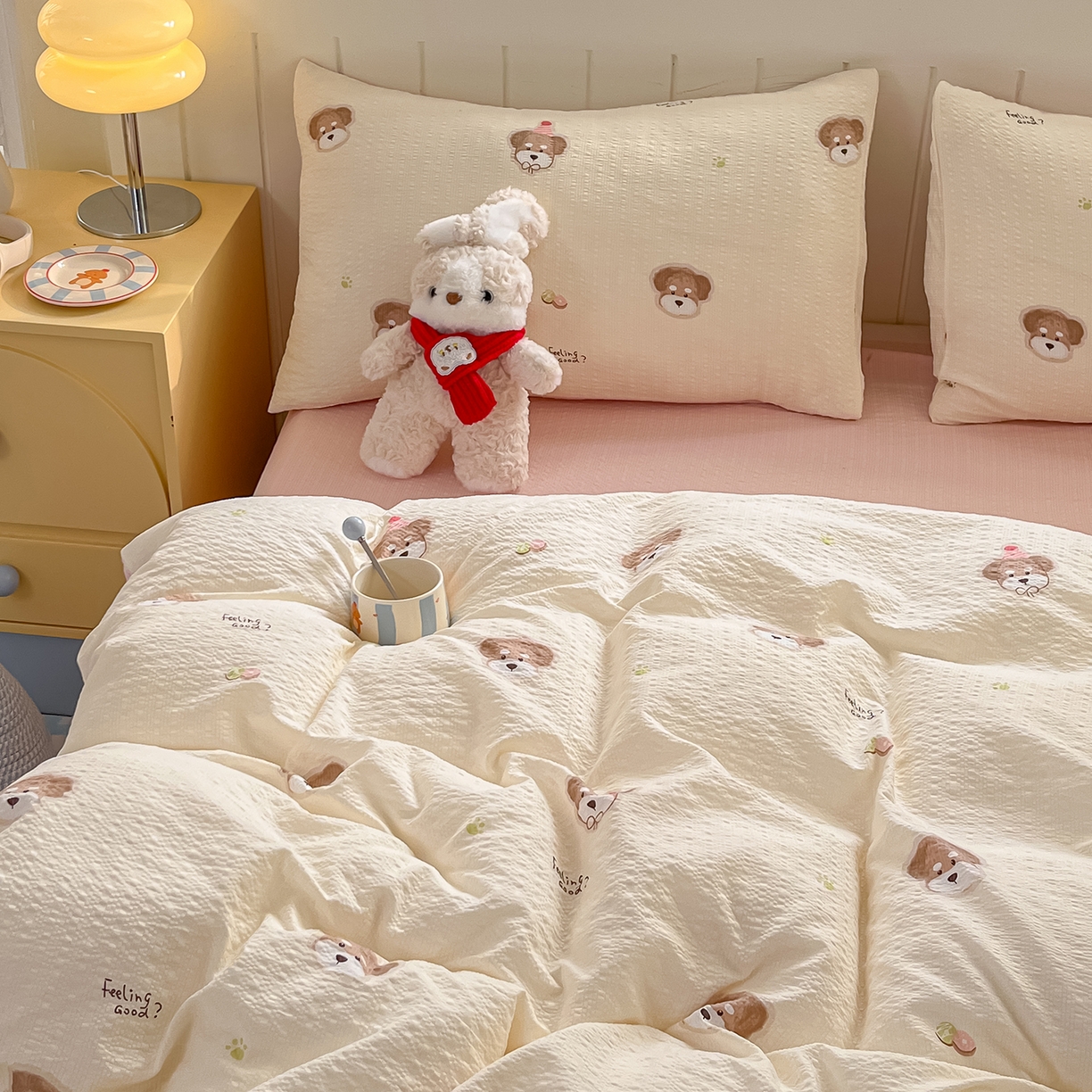 91家纺网 家纺一手货源 找家纺 金梦拉家纺 2026新款A类高品质高克重超柔泡芙纱泡泡纱小清新四件套 快乐狗