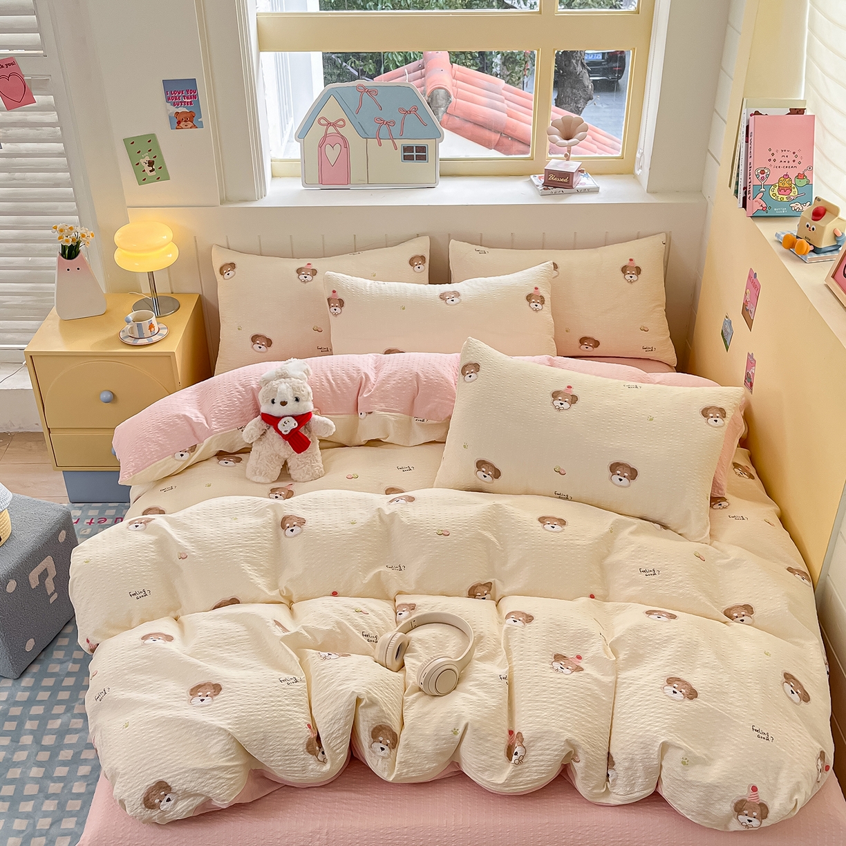 91家纺网 家纺一手货源 找家纺 金梦拉家纺 2026新款A类高品质高克重超柔泡芙纱泡泡纱小清新四件套 快乐狗