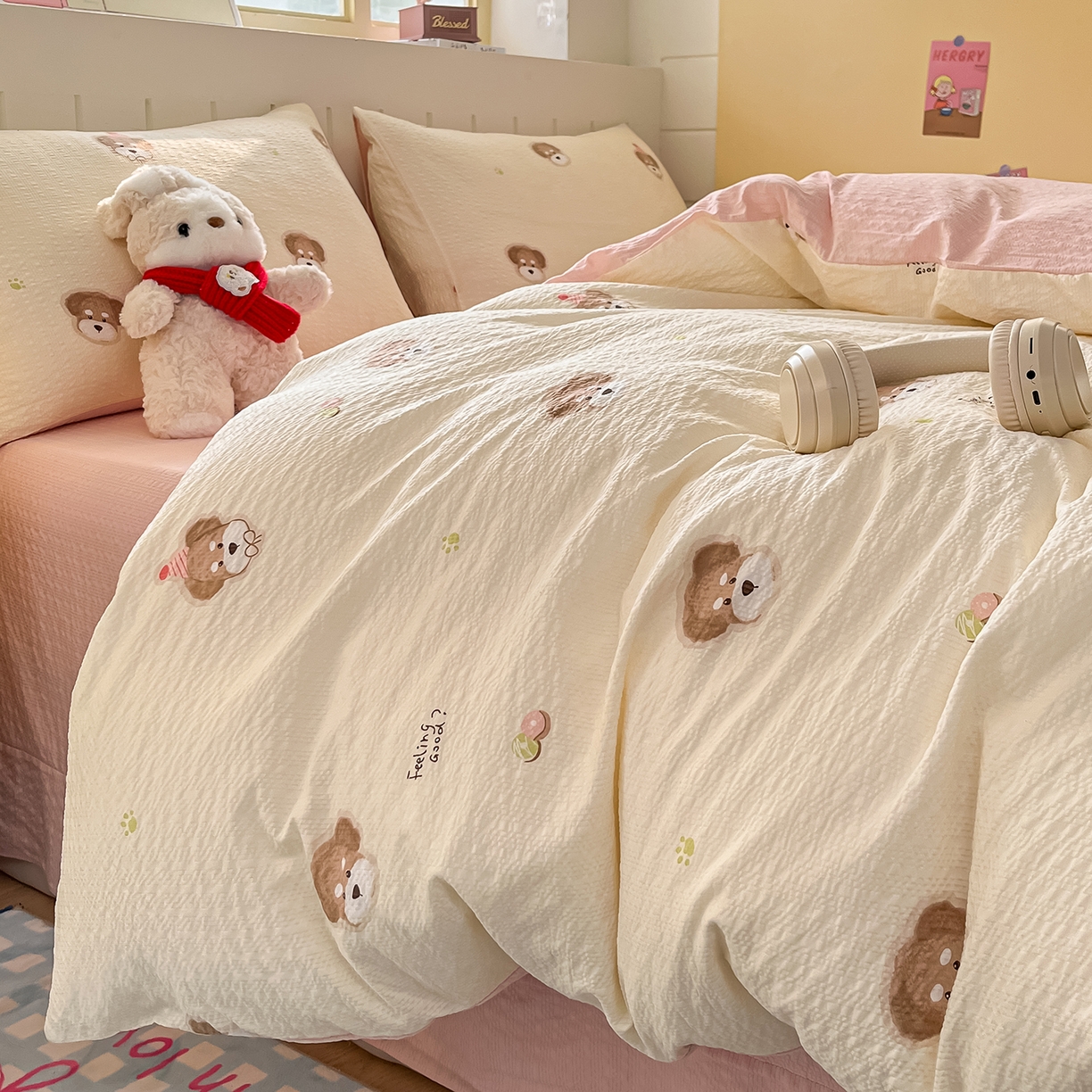 91家纺网 家纺一手货源 找家纺 金梦拉家纺 2026新款A类高品质高克重超柔泡芙纱泡泡纱小清新四件套 快乐狗