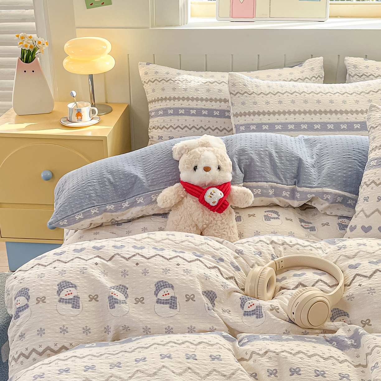 91家纺网 家纺一手货源 找家纺 金梦拉家纺 2026新款A类高品质高克重超柔泡芙纱泡泡纱小清新四件套 蓝色雪宝