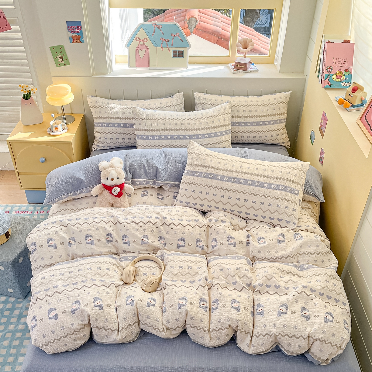 91家纺网 家纺一手货源 找家纺 金梦拉家纺 2026新款A类高品质高克重超柔泡芙纱泡泡纱小清新四件套 蓝色雪宝