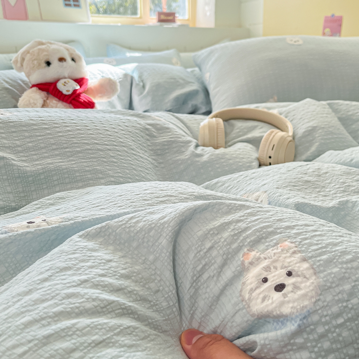 91家纺网 家纺一手货源 找家纺 金梦拉家纺 2026新款A类高品质高克重超柔泡芙纱泡泡纱小清新四件套 蓝汪汪