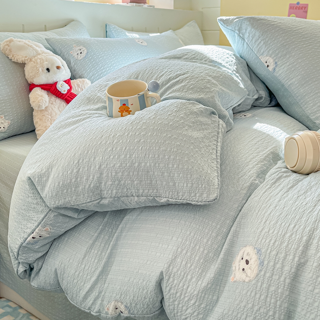 91家纺网 家纺一手货源 找家纺 金梦拉家纺 2026新款A类高品质高克重超柔泡芙纱泡泡纱小清新四件套 蓝汪汪