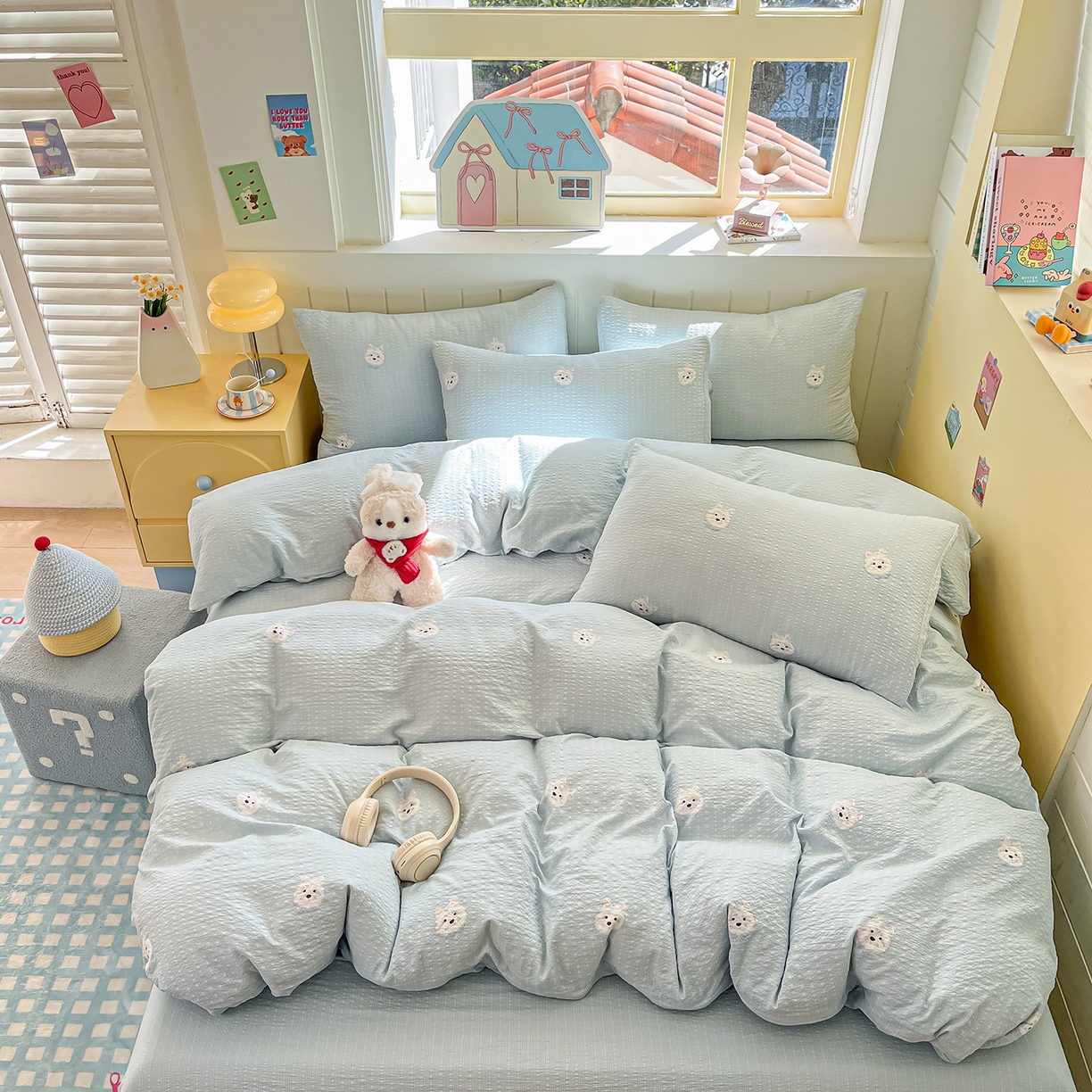 91家纺网 家纺一手货源 找家纺 金梦拉家纺 2026新款A类高品质高克重超柔泡芙纱泡泡纱小清新四件套 蓝汪汪