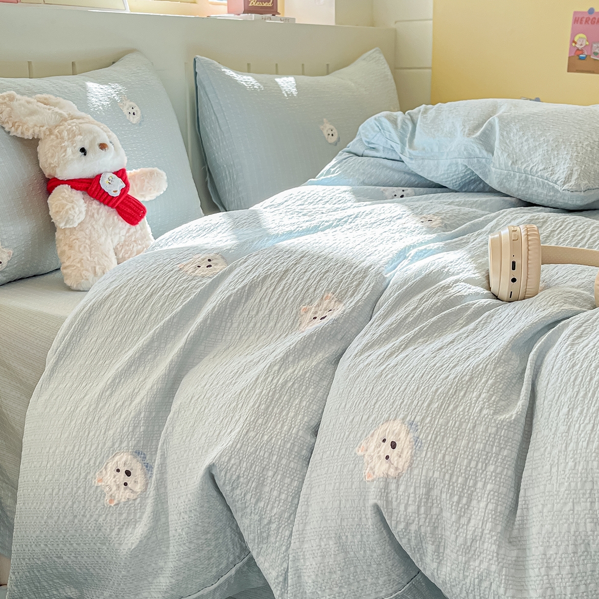 91家纺网 家纺一手货源 找家纺 金梦拉家纺 2026新款A类高品质高克重超柔泡芙纱泡泡纱小清新四件套 蓝汪汪