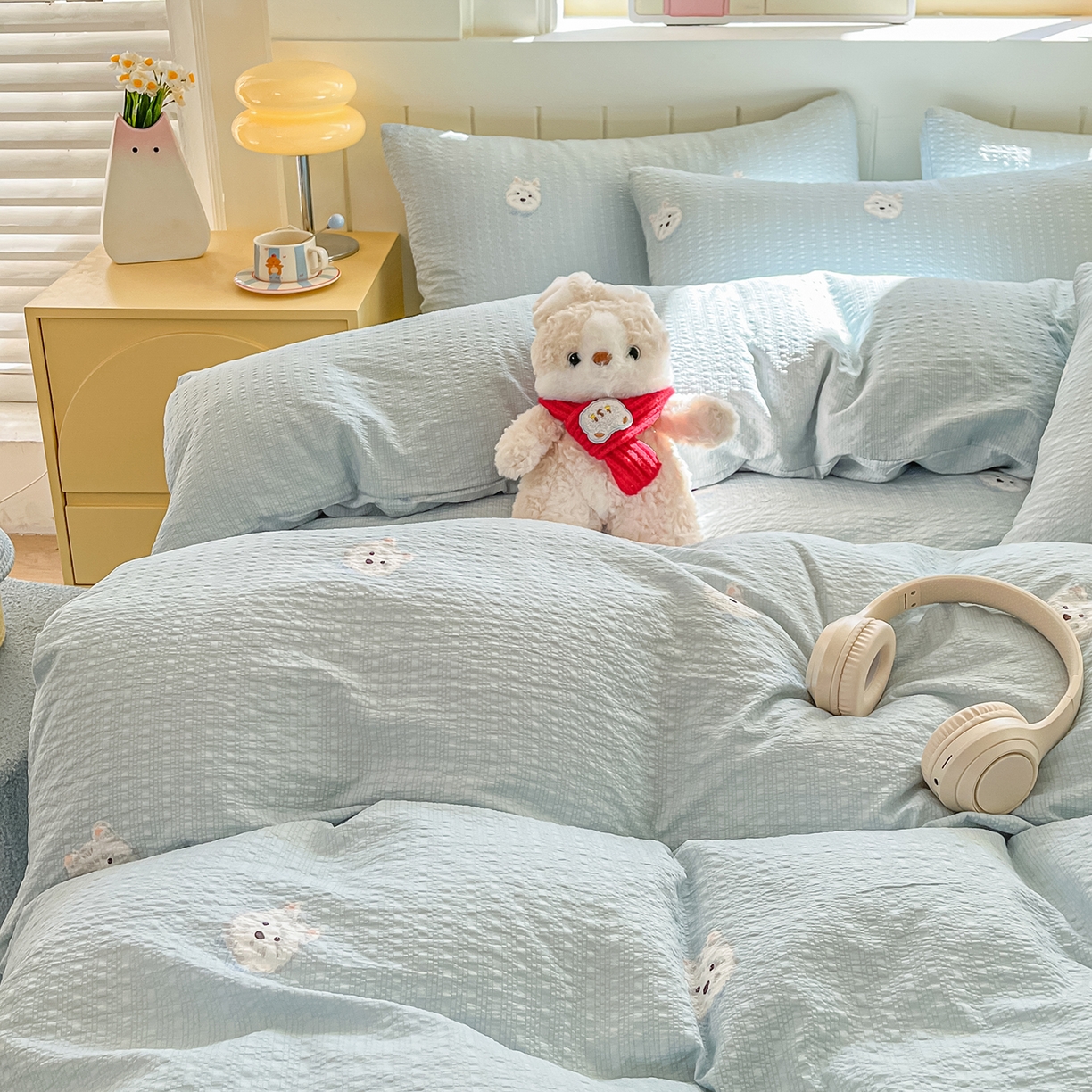 91家纺网 家纺一手货源 找家纺 金梦拉家纺 2026新款A类高品质高克重超柔泡芙纱泡泡纱小清新四件套 蓝汪汪