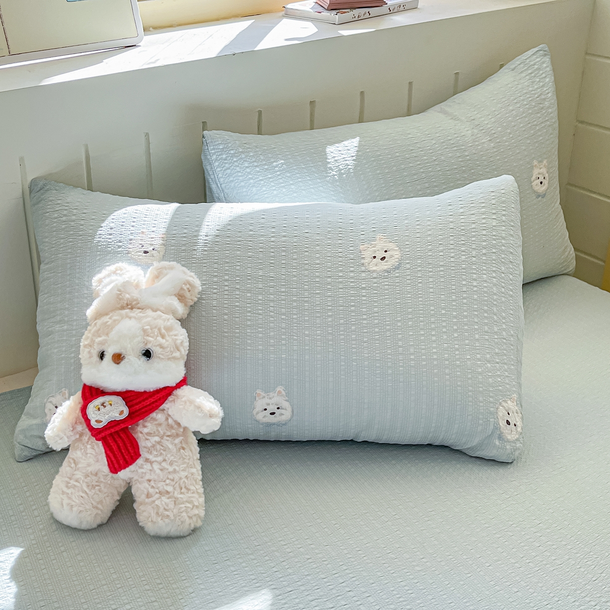 91家纺网 家纺一手货源 找家纺 金梦拉家纺 2026新款A类高品质高克重超柔泡芙纱泡泡纱小清新四件套 蓝汪汪