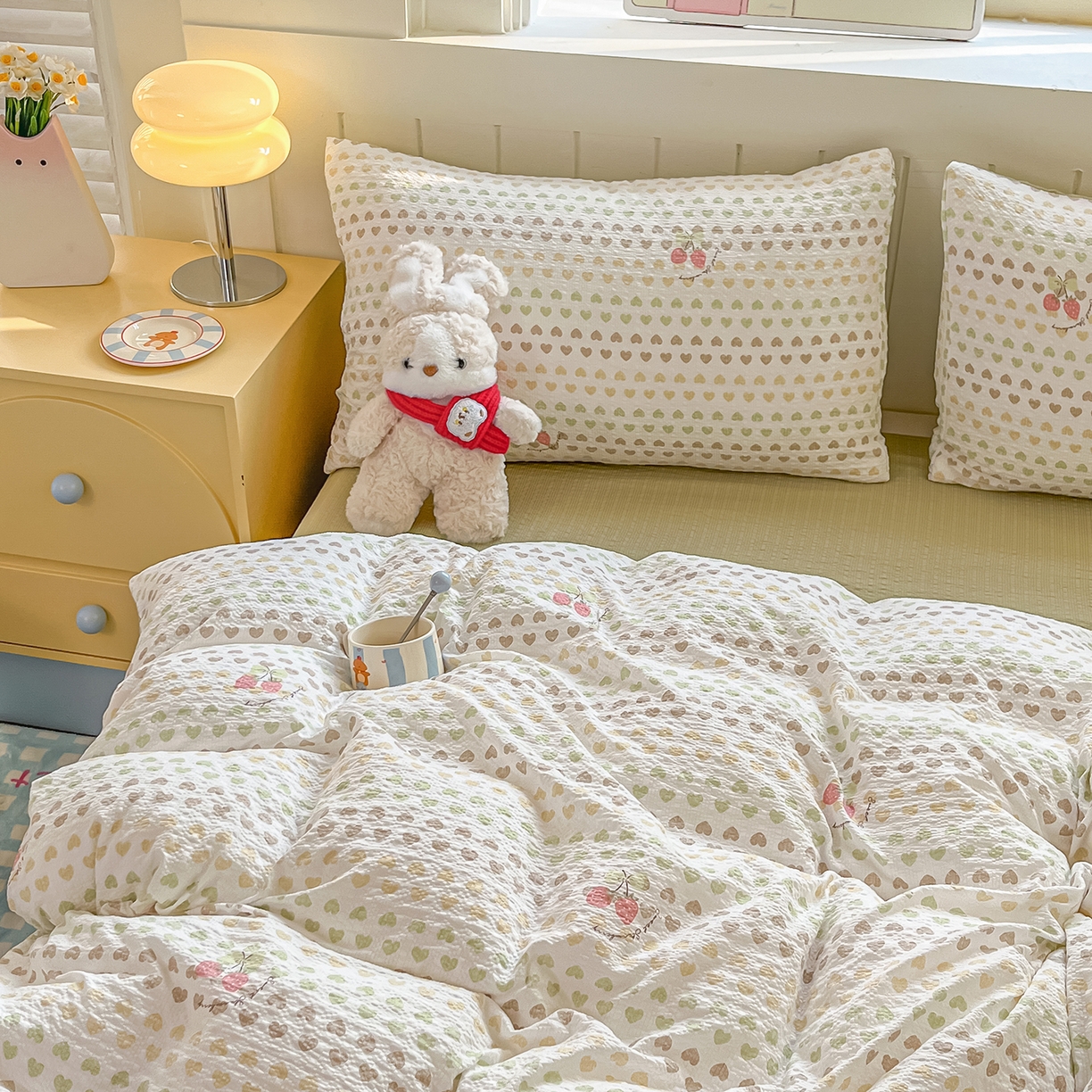 91家纺网 家纺一手货源 找家纺 金梦拉家纺 2026新款A类高品质高克重超柔泡芙纱泡泡纱小清新四件套 绿色心情