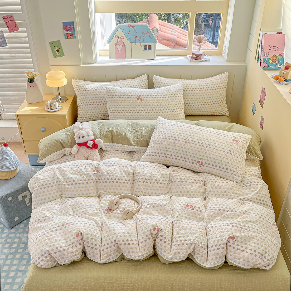 91家纺网 家纺一手货源 找家纺 金梦拉家纺 2026新款A类高品质高克重超柔泡芙纱泡泡纱小清新四件套 绿色心情