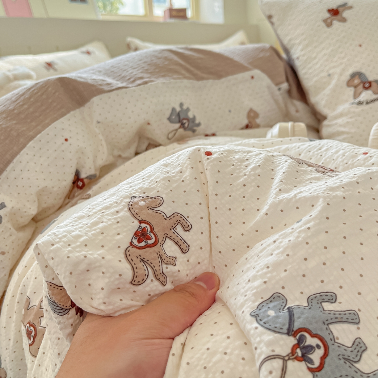 91家纺网 家纺一手货源 找家纺 金梦拉家纺 2026新款A类高品质高克重超柔泡芙纱泡泡纱小清新四件套 马上来福