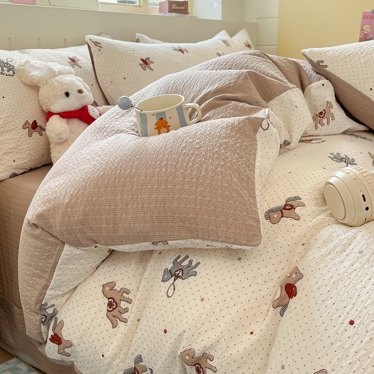 91家纺网 家纺一手货源 找家纺 金梦拉家纺 2026新款A类高品质高克重超柔泡芙纱泡泡纱小清新四件套 马上来福