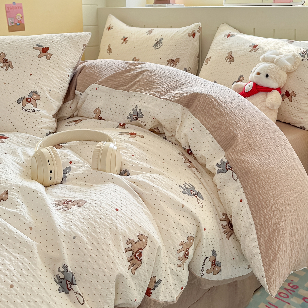 91家纺网 家纺一手货源 找家纺 金梦拉家纺 2026新款A类高品质高克重超柔泡芙纱泡泡纱小清新四件套 马上来福