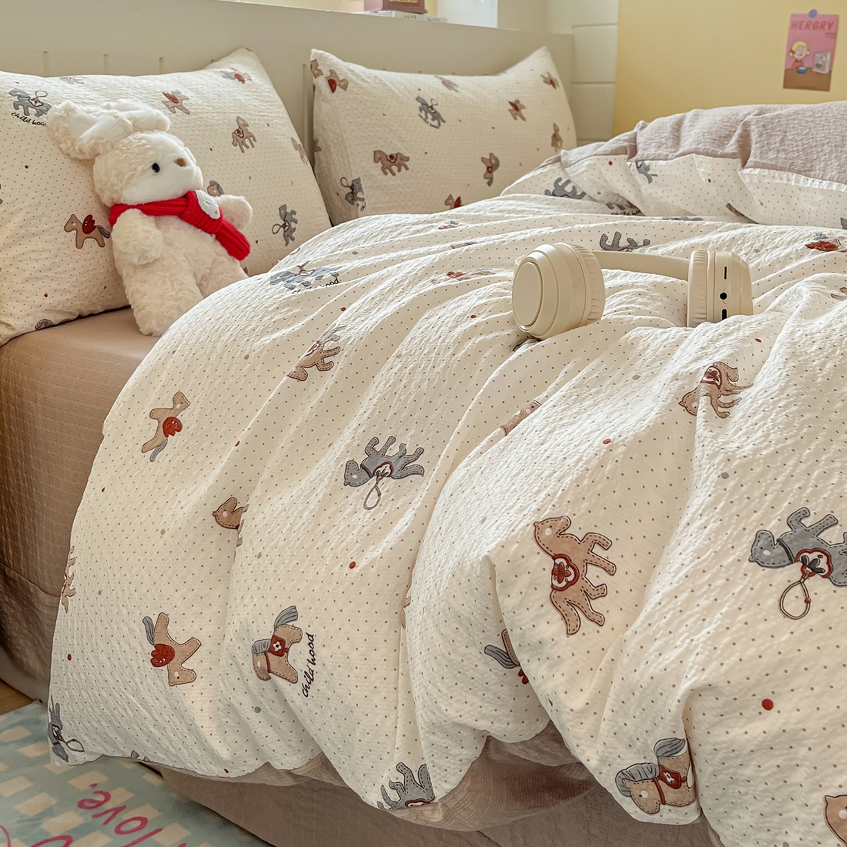 91家纺网 家纺一手货源 找家纺 金梦拉家纺 2026新款A类高品质高克重超柔泡芙纱泡泡纱小清新四件套 马上来福